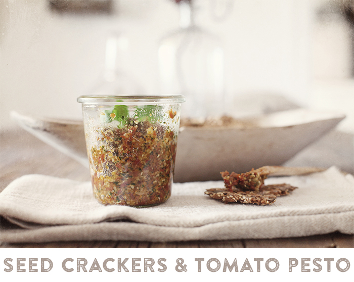 Seed crackers with tomato pesto